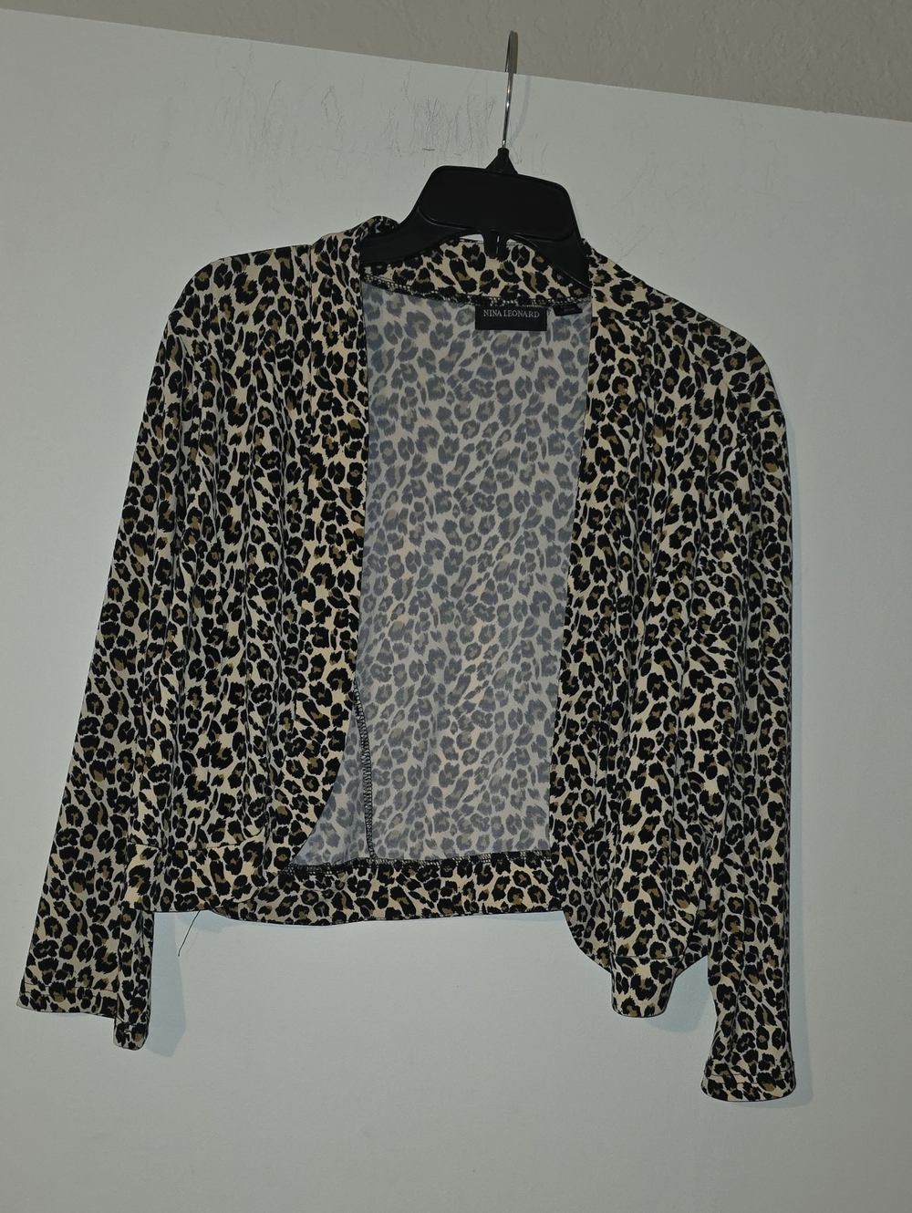 Nina Leonard Leopard Print Open-Front Camisole in Beige and Black